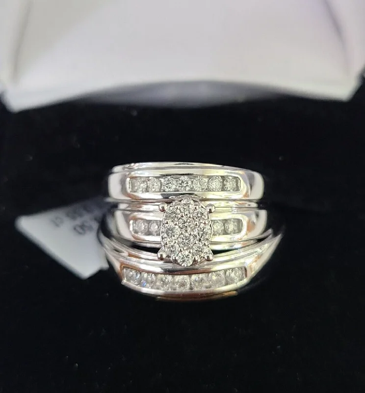 Rings with polished tourmaline for vibrant shine -REAL 10k White Gold Diamond Ring Ladies Men Trio SET Wedding Engagement Genuine