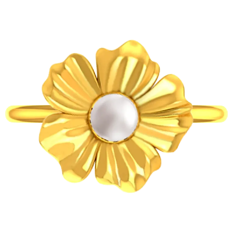 Rings with raw citrine for sunny charm -18k Solid Gold Ring With A Floral Motif And A Pearl In Between