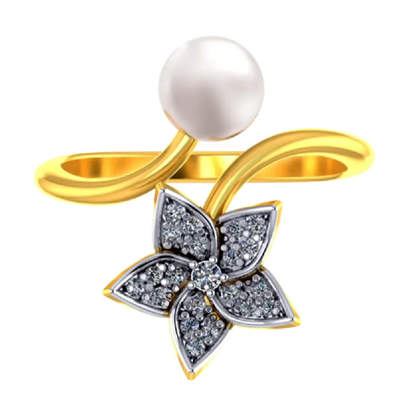 Rings with floral halo diamond arrangements -14k Gold Ring With A Pearl And Floral Design Adorned With Stones