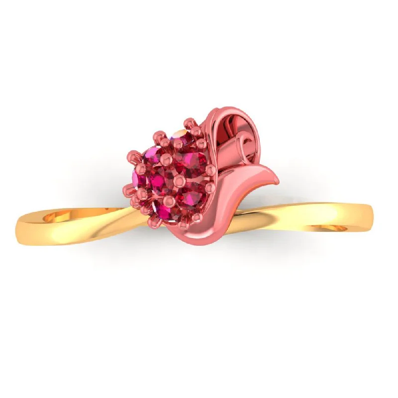 Rings with pink sapphire for delicate charm -14k Gold Ring With A Yellow Motif Adorned With Red Stones