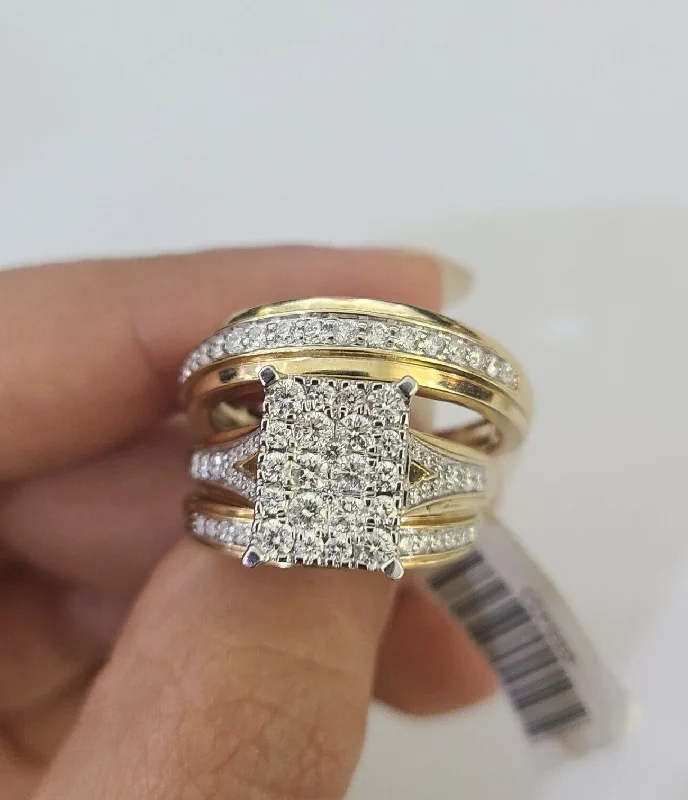 Vintage rings with engraved floral band designs -REAL 14k Diamond Ring Yellow Gold Ladies Men Trio SET Wedding Engagement Genuine