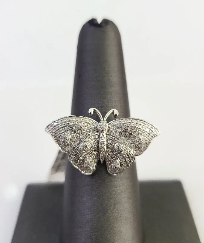 Rings with rainbow moonstone for color play -Real 10k Butterfly Diamond Ladies Ring Women Casual 10Kt White Gold