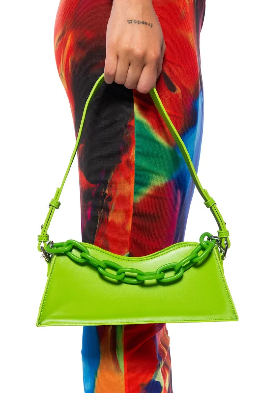 Women's bags with shiny metallic accents and sleek design for evening glamour-AKEYA CHAIN PU BAG IN LIME