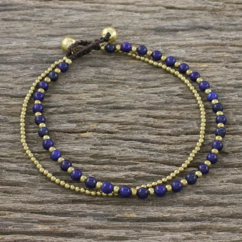 Rings with polished jade for smooth calm -Ringing Beauty Lapis Lazuli and Brass Beaded Anklet from Thailand