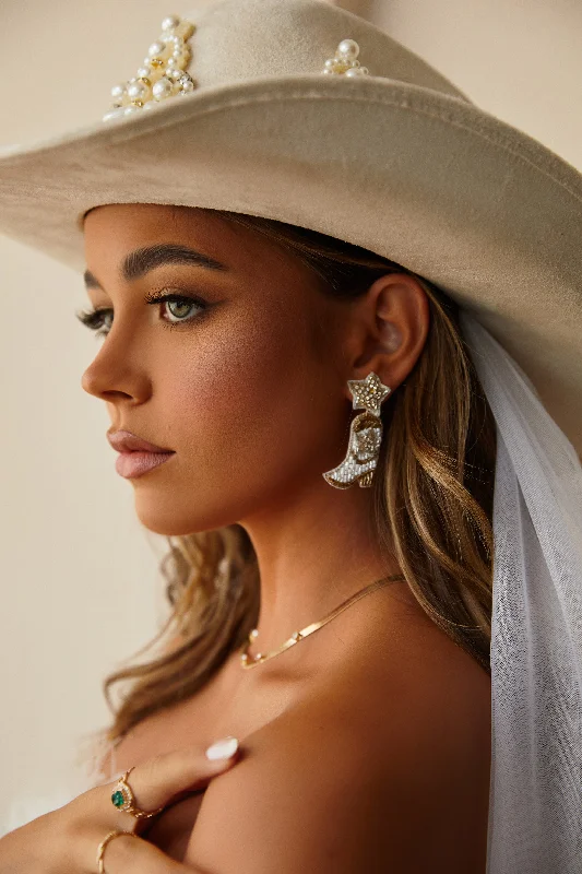 Rings with shield-shaped stones for boldness -Happily Ever After Cowgirl Boot Dangle Earring - White