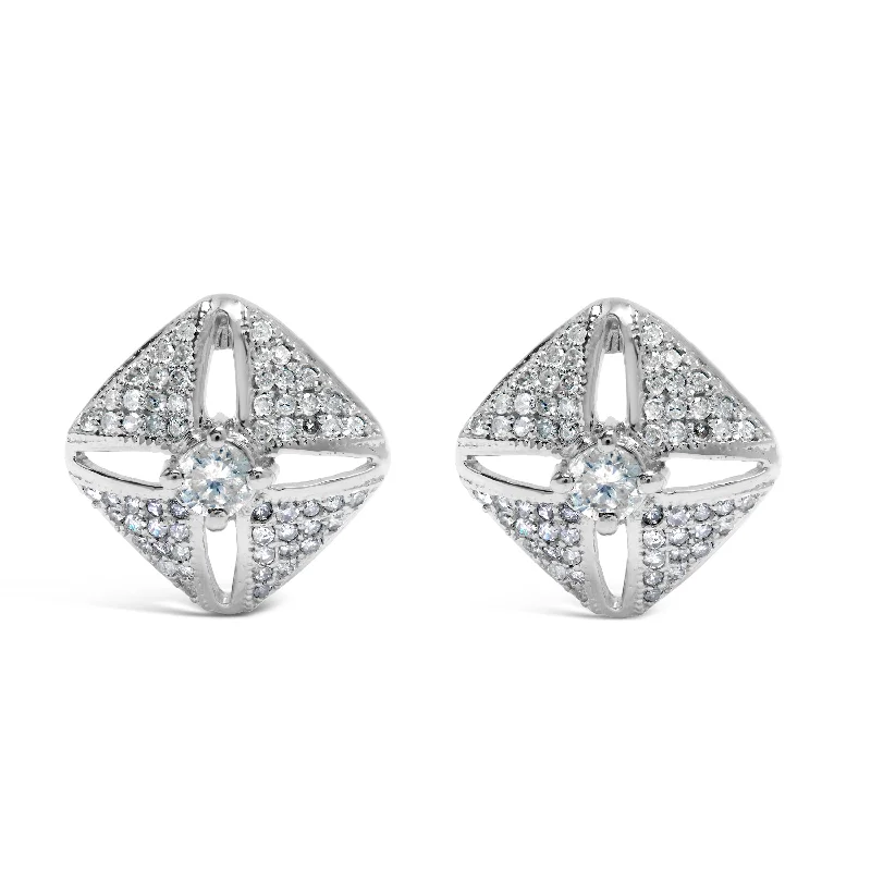 Rings with pave-set gemstones for brilliance -.925 Sterling Silver 1.0 Cttw Diamond Studded Rhombus Stud Earring