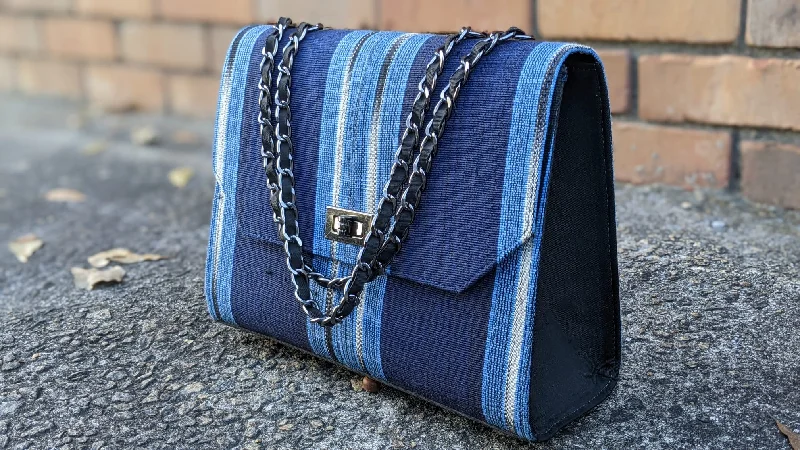 Women's bags with metallic straps and high-quality leather for a chic, elegant look-Illori Handmade Blue and Silver Striped African Handwoven Aso Oke Hand Bag-DPAHB23