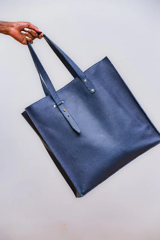 Fashionable women's bags with leather straps and contrast stitching for a modern look-TUG Logo Double Strap Blue Leather Tote Bag