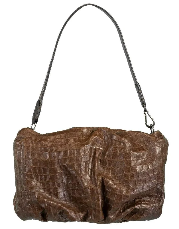 Trendy women's bags with faux fur details and compact size for trendy fashion-Chocolate Soft Embossed Croc Baguette Pouchette