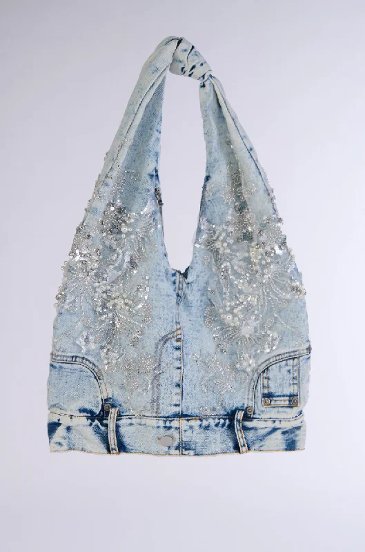 Casual women's bags with soft fabric and relaxed design for comfortable everyday use-BLESSING IN DENIM EMBELLISHED SHOULDER BAG