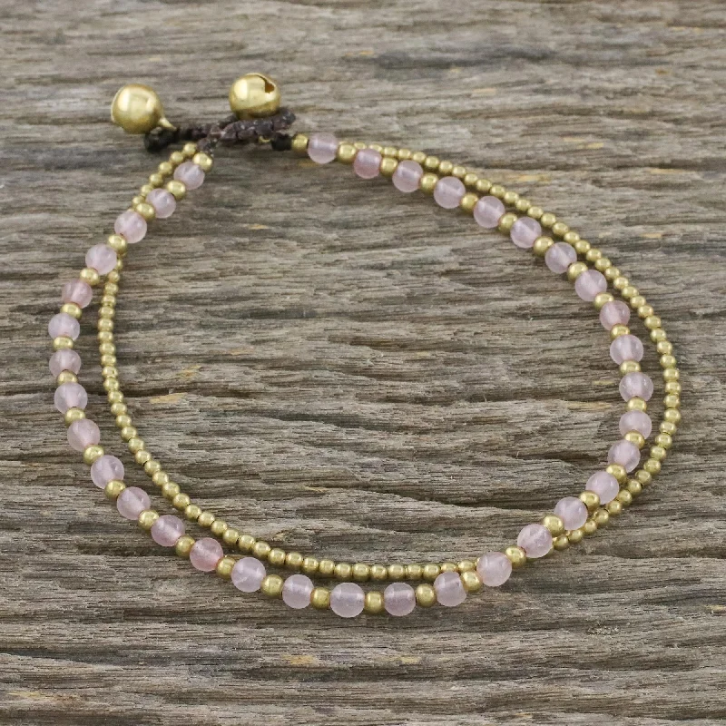 Rings with fluorite stones for rainbow shine -Ringing Beauty Rose Quartz and Brass Beaded Anklet from Thailand