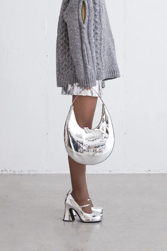 Women's bags with fold-over flap design and magnetic closure for easy access-STRUCTURED CURVED SHOULDER BAG IN SILVER