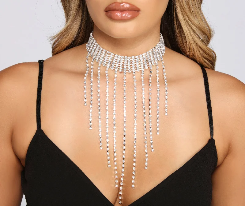 Rings with rough sapphire for rugged chic -Seven-Row Rhinestone Fringe Choker