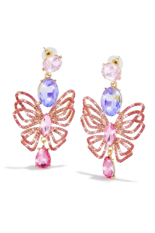 Rings with hexagon-cut stones for trendiness -Luxe Fantasy Butterfly Embellished Earring - Pink