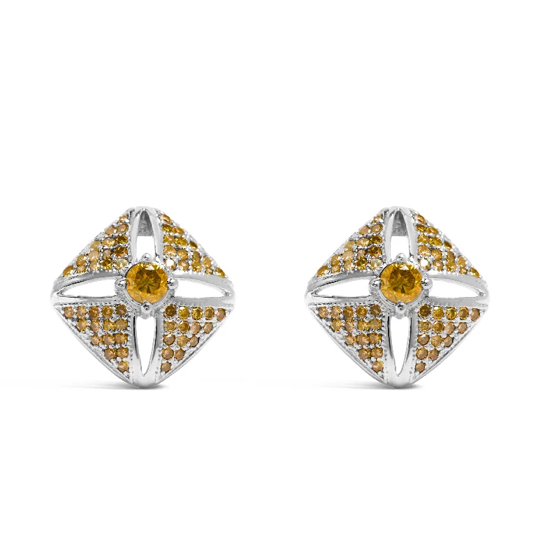 Rings with aquamarine stones for ocean charm -.925 Sterling Silver 1.0 Cttw Yellow Diamond Studded Rhombus Stud Earring