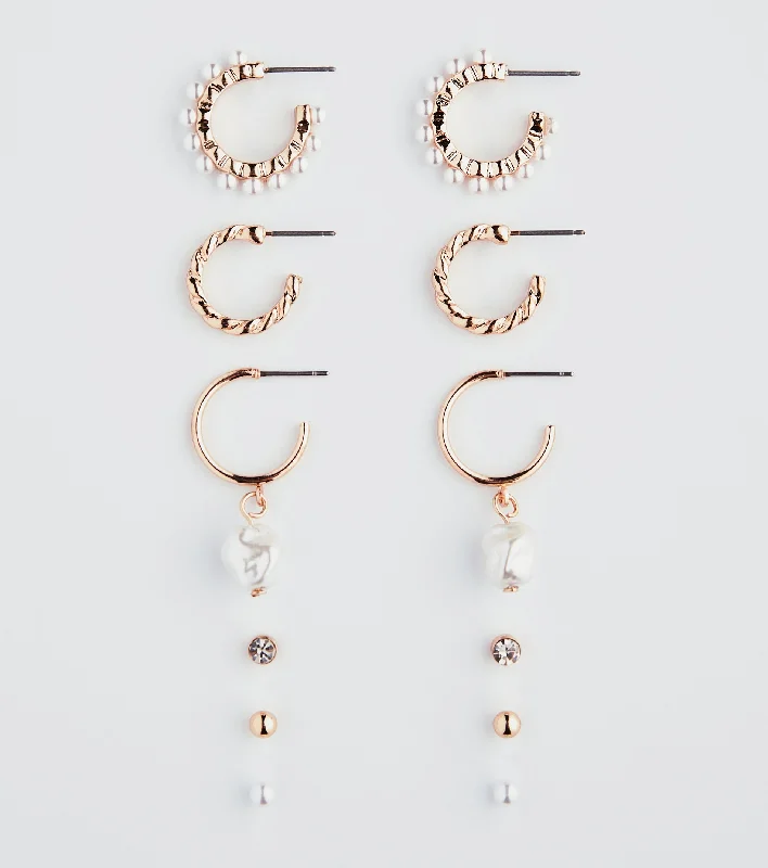 Rings with pave-set gemstones for brilliance -Dainty Glam Rhinestone Pearl Earring Set