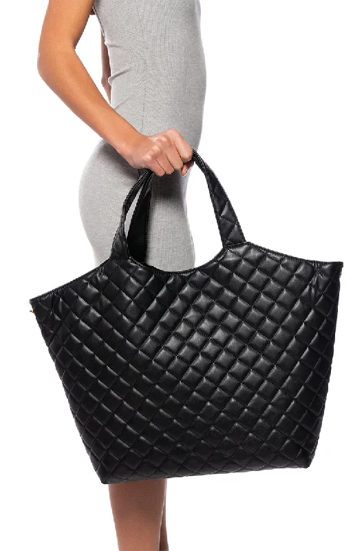 Stylish women's bags with floral prints and bright colors for summer fashion-THORNE QUILTED PU TOTE BAG IN BLACK