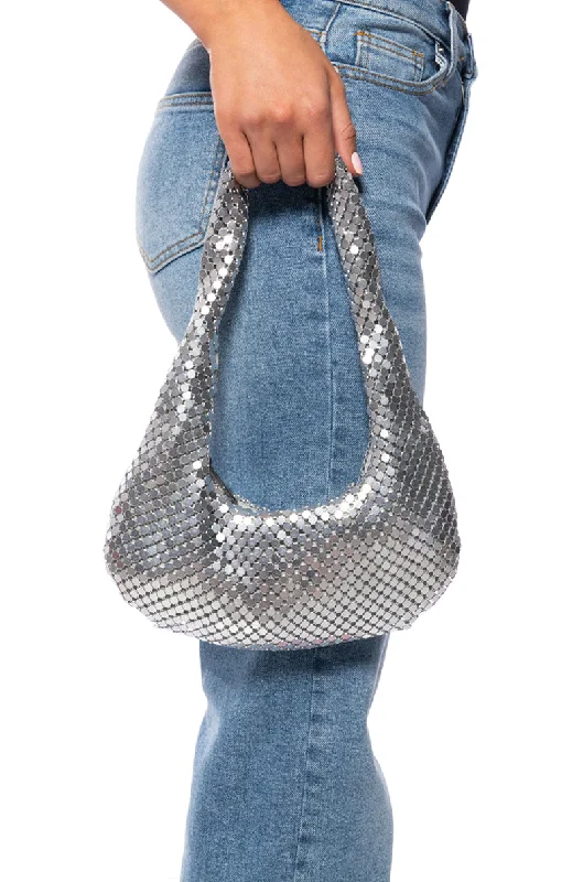 Stylish women's bags with soft velvet material and bold embellishments for glam-SILVERCOIN MINI SHOULDER BAG IN SILVER