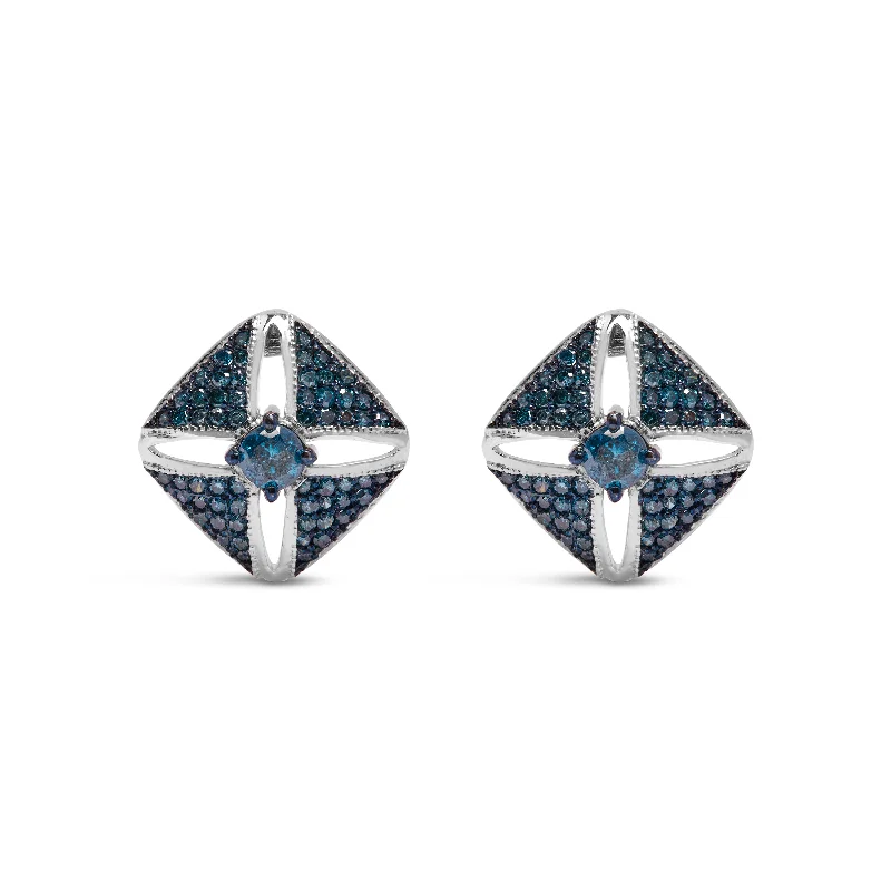 Rings with bold ruby stones for drama -.925 Sterling Silver 1.0 Cttw Blue Diamond Studded Rhombus Stud Earring