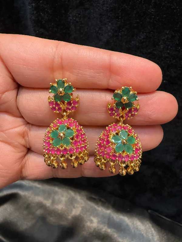 Rings with rough sapphire for rugged chic -Alluring Gold Plated Designer Jhumka with Hot Pink And Green Color Stone Flower Design