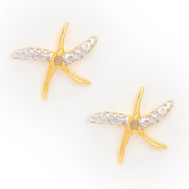 Rings with polished onyx for sleek contrast -Victoria Townsend Yellow Gold Over Silver Diamond Accent Starfish Stud Earring