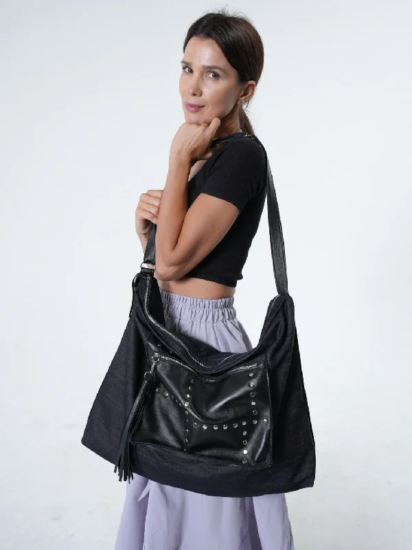 Women's bags with functional compartments and sleek, clean lines for practicality and style-Oversized Slouchy Tote Bag - Denim and Leather