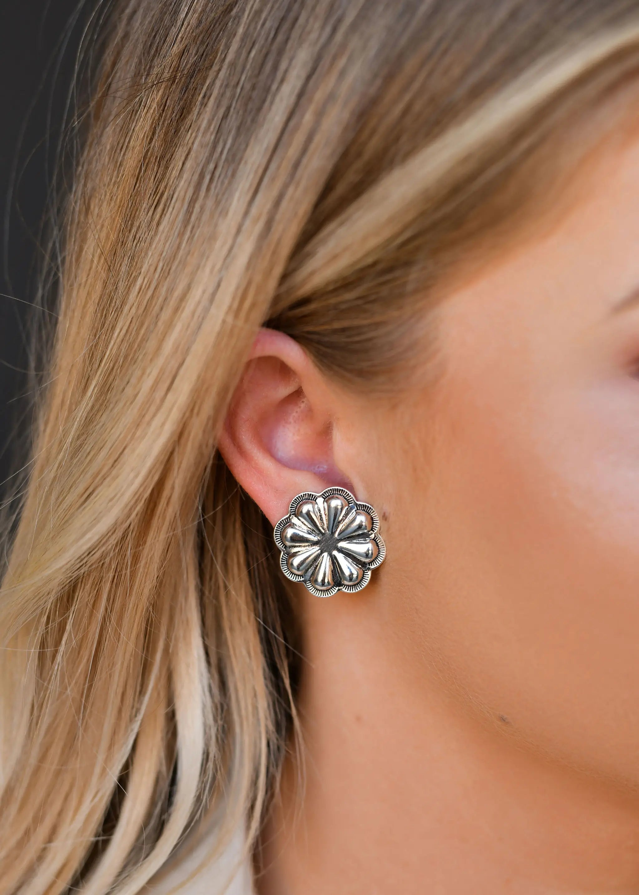 Rings with etched floral bands for detail -Burnished Silver Flower Concho Stud Earring