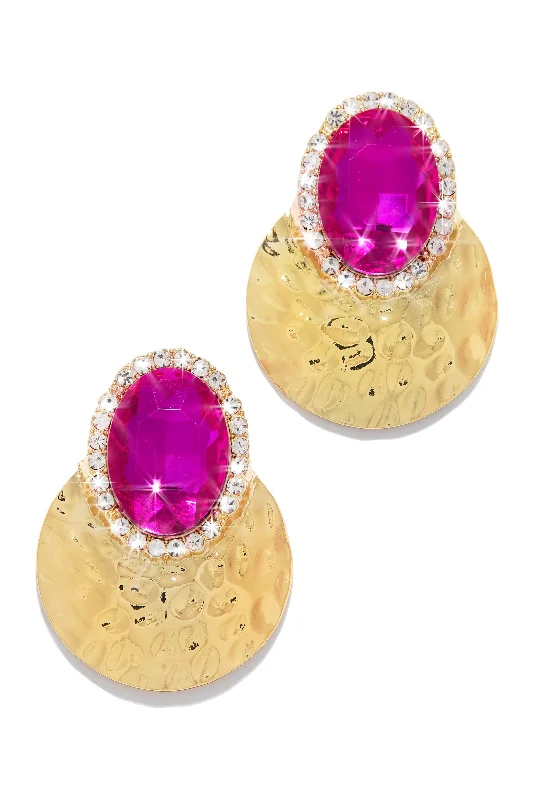 Rings with raw garnet stones for texture -Weekend Gala Stone Embellished Earring - Fuchsia