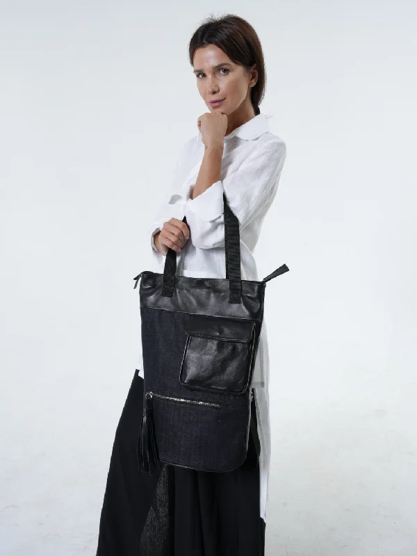 Elegant women's bags with leather detailing and minimalist shape for sophisticated look-2 in 1 Leather Denim Bag