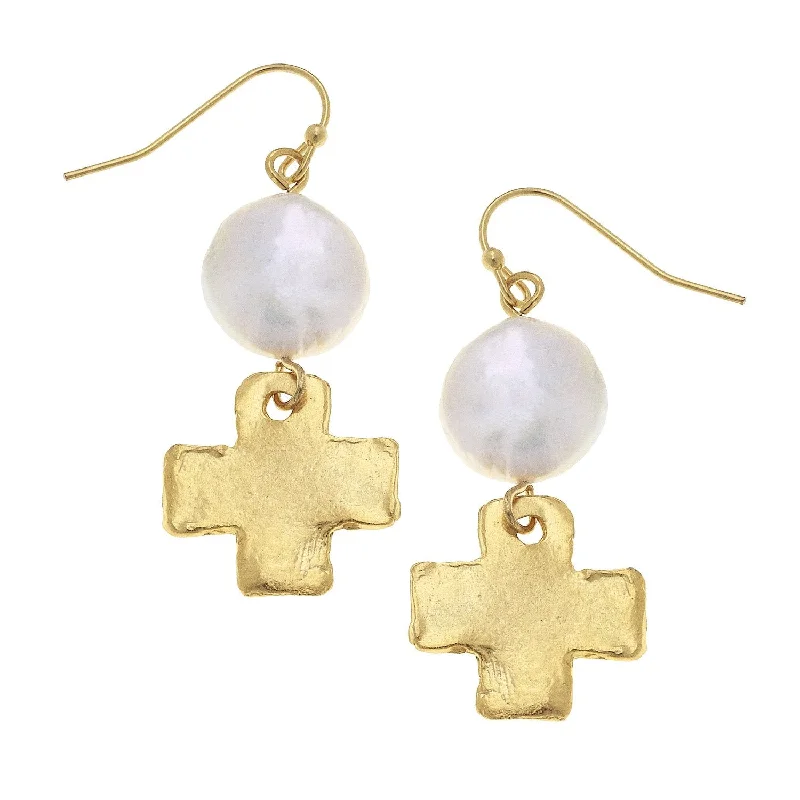 Rings with black diamond for striking contrast -Susan Shaw Coin Pearl + Gold Cross Drop Earring