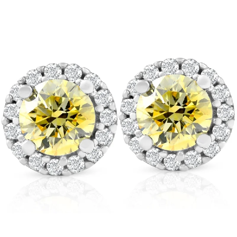 Best hoop earrings with geometric pendants for a modern, chic appeal-1/2 Ct Halo Fancy Canary Yellow Lab Grown Diamond Studs 10k White Gold Earrings