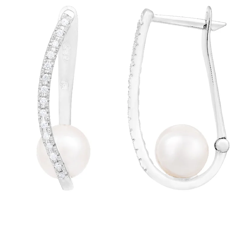 Hoop earrings with twisted metal designs for a dynamic and modern style-14k White Gold Diamond & Pearl Earrings