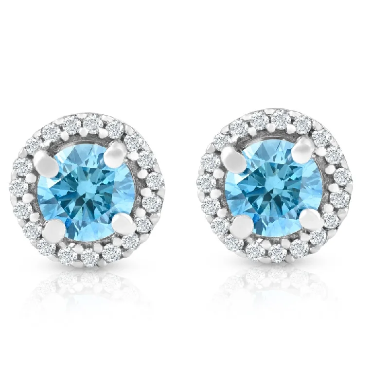 Hoop earrings with intricate designs for a unique and artistic appearance-5/8 Ct Halo Blue Lab Grown Diamond Studs 10K White Gold Earrings