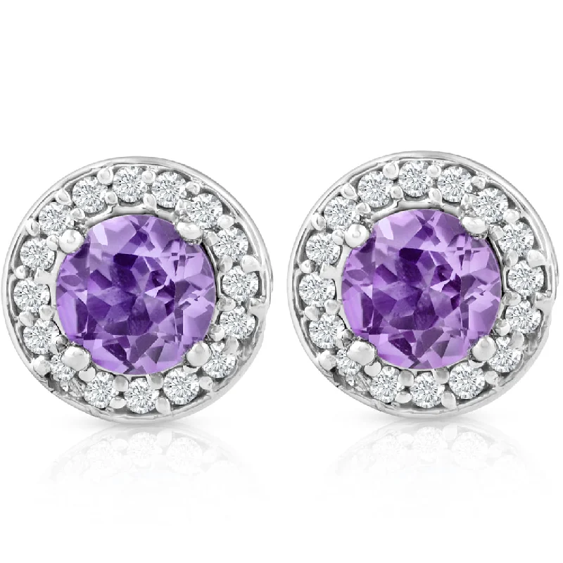 Hoop earrings with twisted leather for a chic and modern boho look-5/8ct Halo Diamond Amethyst Studs 14K White Gold