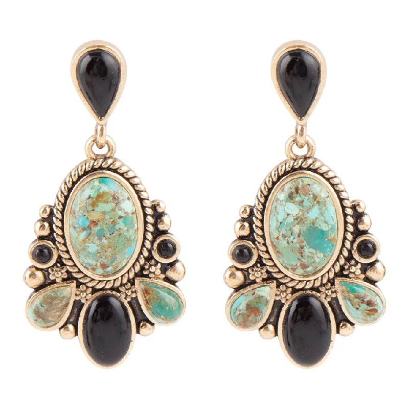 Hoop earrings with abstract wirework for an artistic, unique look-Barcelona Blue Turquoise and Black Onyx Post Drop Golden Earrings