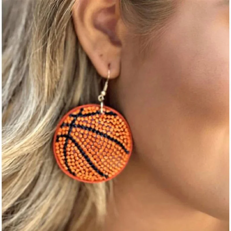 Best hoop earrings with vintage coins for a retro, antique-inspired style-Basketball Crystal Puffy Hook Earrings In Orange