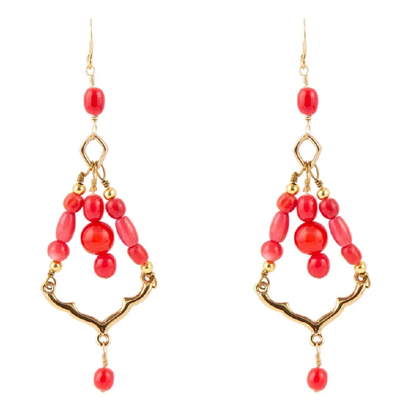 Hoop earrings with twisted metal designs for a dynamic and modern style-Chandelier Red Coral and Bronze Earrings