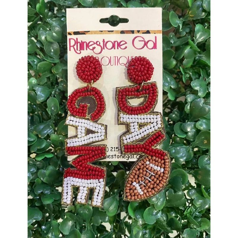 Best hoop earrings with gold for a luxurious and timeless look-Game Day Seed Bead Football Earrings In Burgundy/white