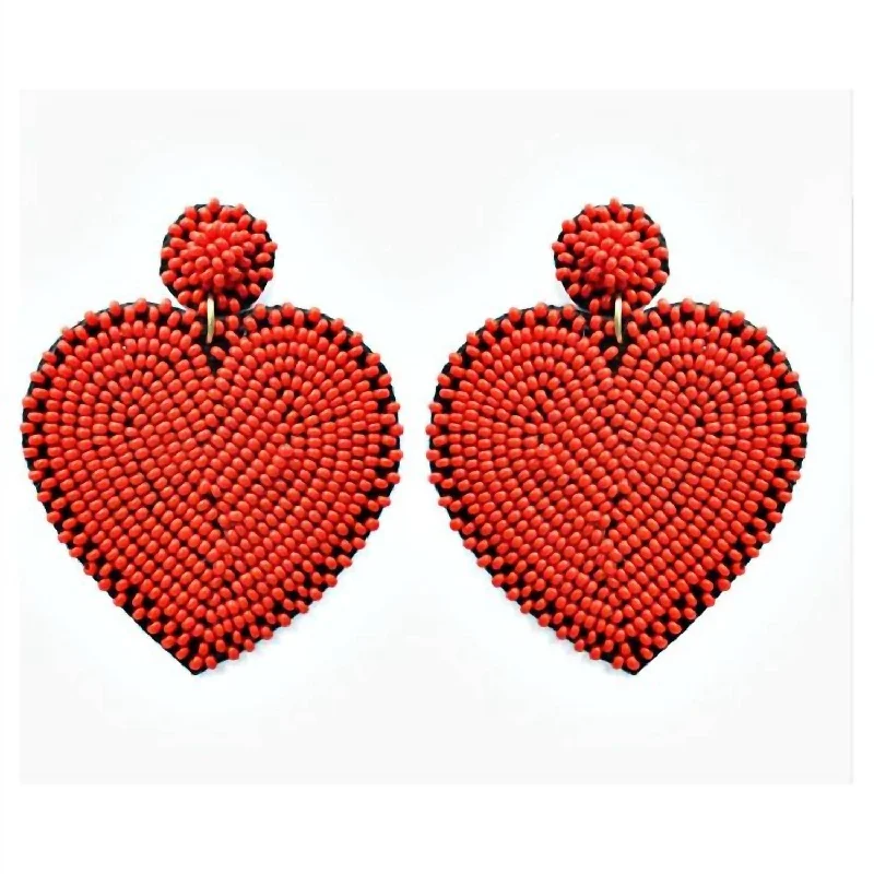 Hoop earrings with polished silver finish for a shiny, modern appeal-Heart Seed Bead Earrings In Red