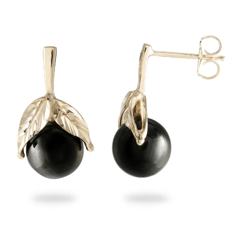 Hoop earrings with tortoiseshell designs for a chic and classic style-Maile Black Coral Earrings in Gold - 9-10mm