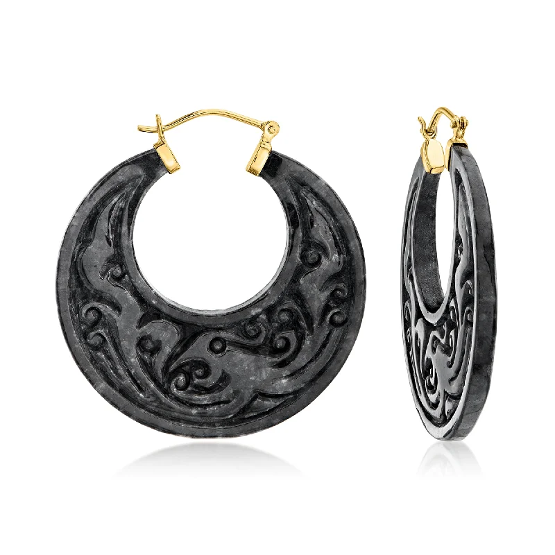 Best hoop earrings with geometric shapes for a modern and artistic appeal-Ross-Simons Carved Black Jade Phoenix Hoop Earrings in 14kt Yellow Gold