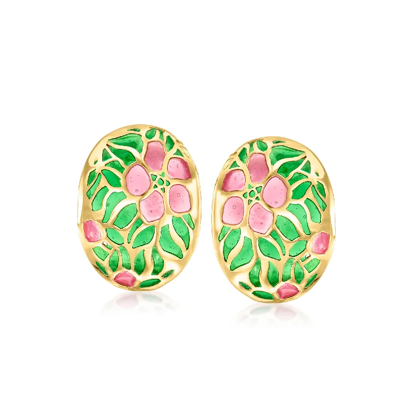 Best hoop earrings with smooth ceramic finishes for a polished, clean style-Ross-Simons Italian Pink and Green Enamel Floral Earrings in 14kt Yellow Gold