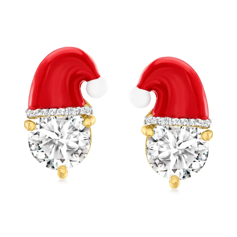 Best hoop earrings with gemstone accents for a colorful and elegant appearance-Ross-Simons White Topaz and Red Enamel Santa Hat Earrings in 18kt Gold Over Sterling