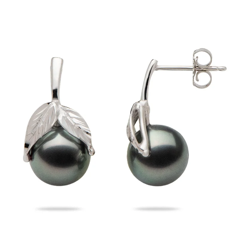 Best hoop earrings with smooth ceramic finishes for a polished, clean style-Maile Tahitian Black Pearl Earrings in White Gold - 9-10mm