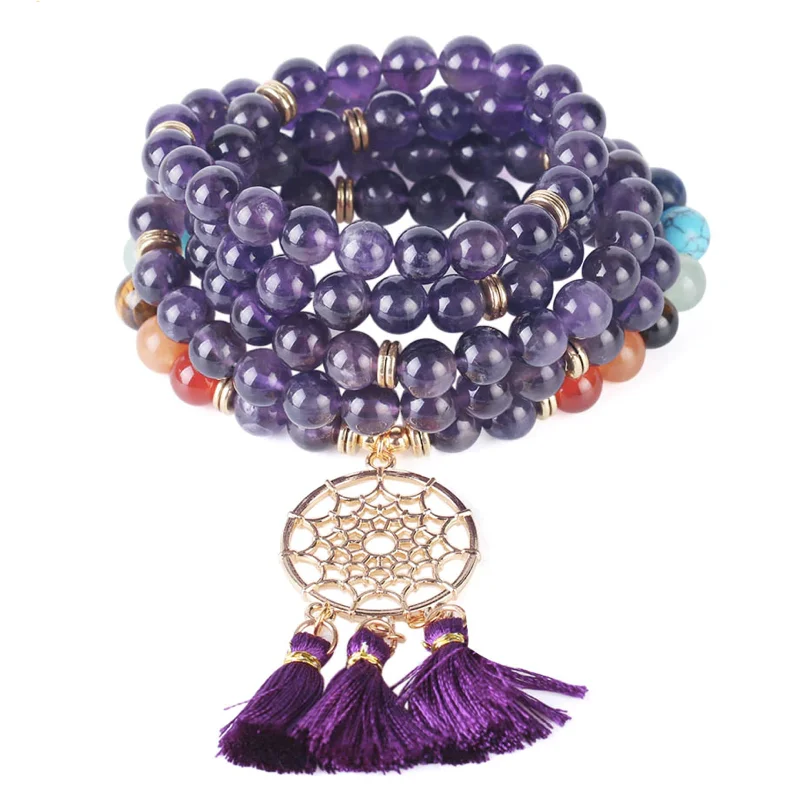 Trendy necklaces and pendants with statement pieces for a bold fashion statement-Gemstone Angel Dreamcatcher Mala