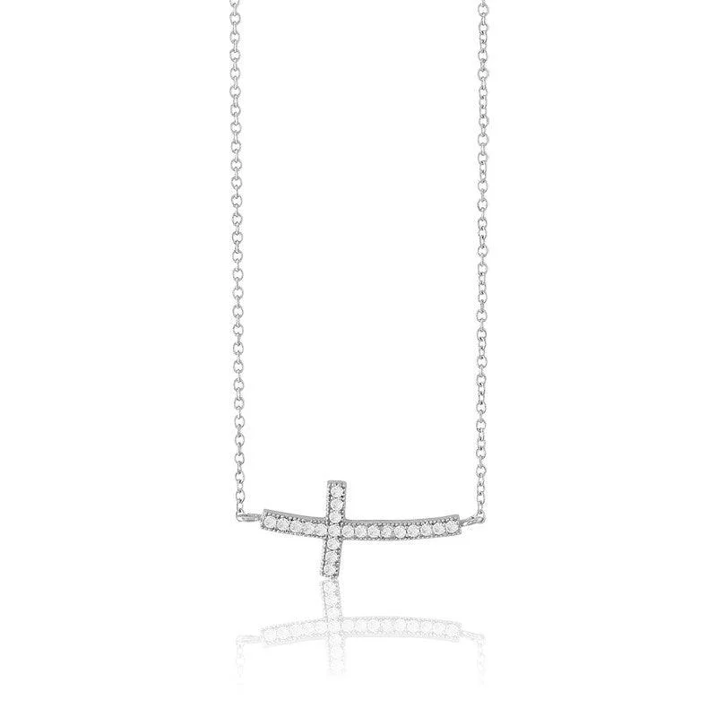 Best necklaces and pendants for weddings with matching designs for bride and groom-Sterling Silver Curved Sideways Cross CZ Necklace