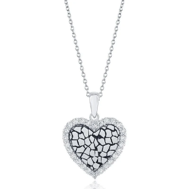 Necklaces and pendants with leaf-shaped designs for an earthy, organic feel-Sterling Silver CZ Border Heart with Cobblestone Design Necklace