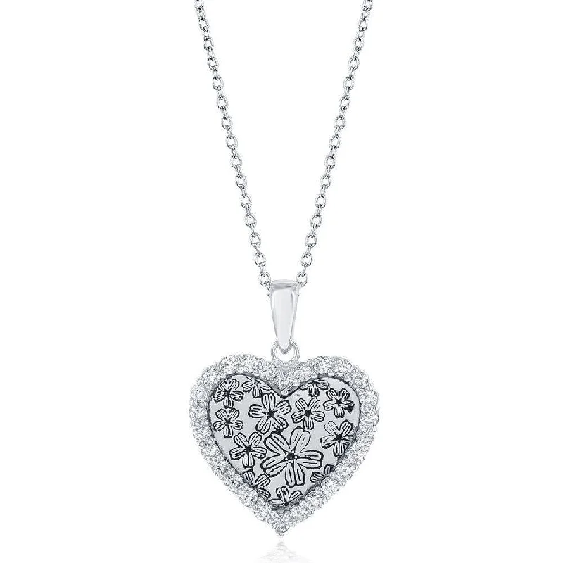 Necklaces and pendants with infinity love symbols for an eternal, romantic gesture-Sterling Silver CZ Border Heart with Flower Design Necklace