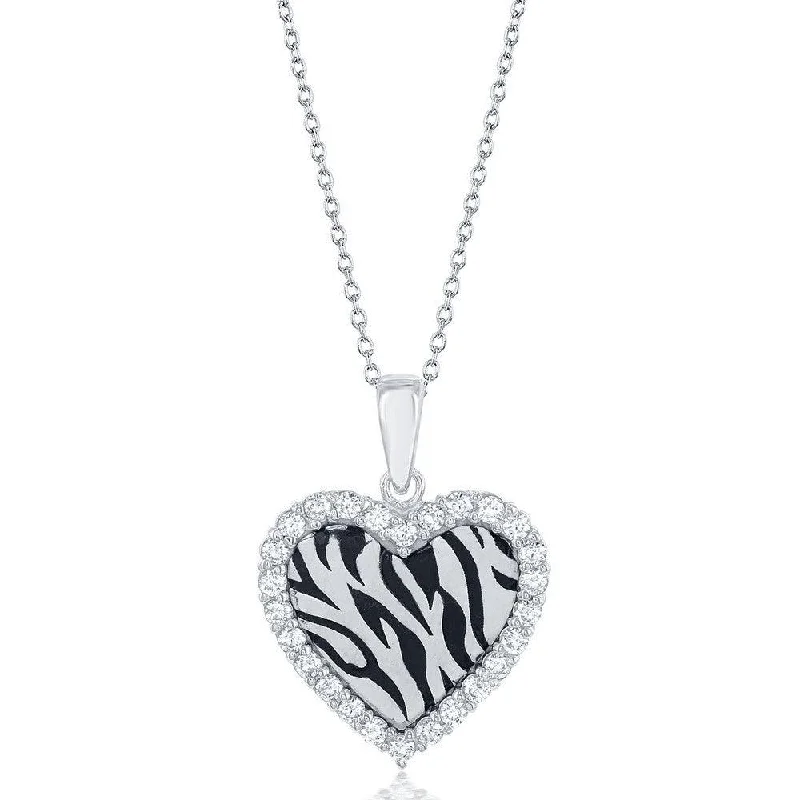 Necklaces and pendants with love knot designs for a romantic, meaningful symbol-Sterling Silver CZ Border Heart with Zebra Design Necklace