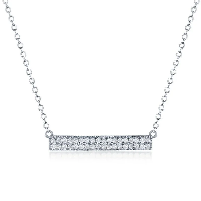 Unique necklaces and pendants with custom birthstone arrangements for personalization-Sterling Silver Double Row CZ Bar Necklace